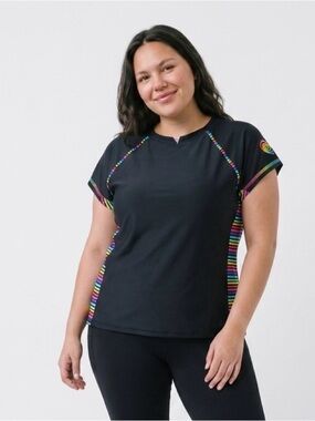 OP Black Short-Sleeve Rash Guard with Neon Rainbow Stripes